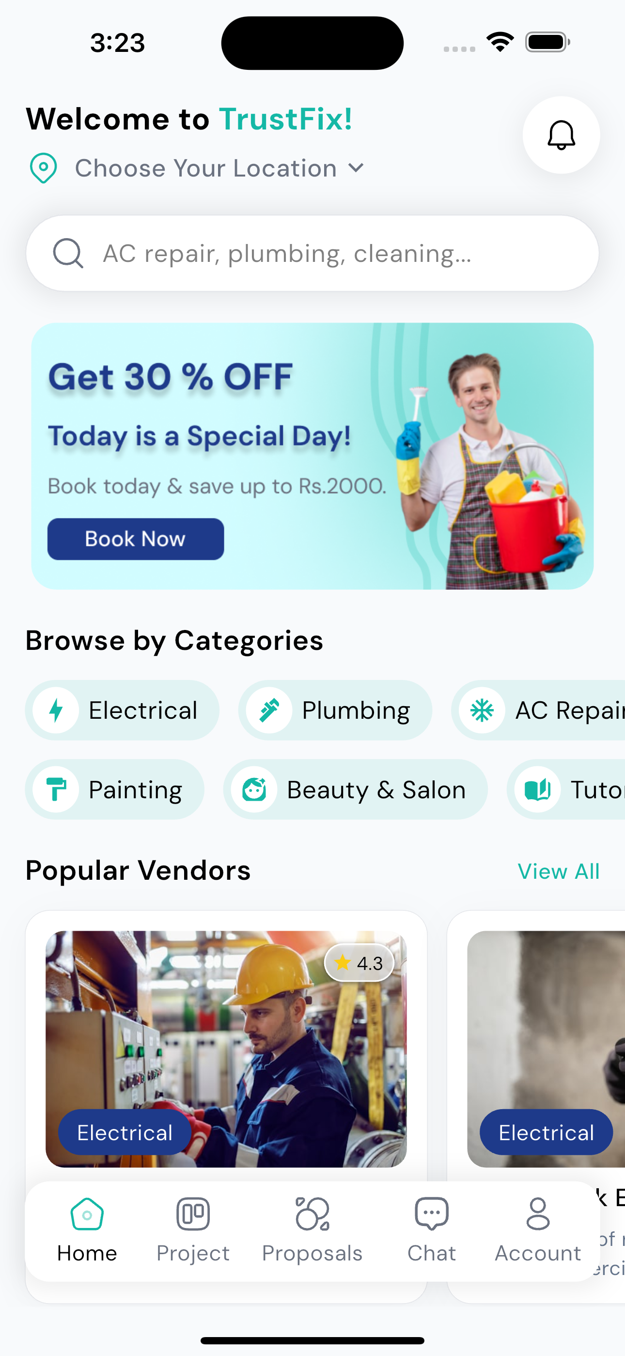TrustFix app home screen showing service categories and popular vendors