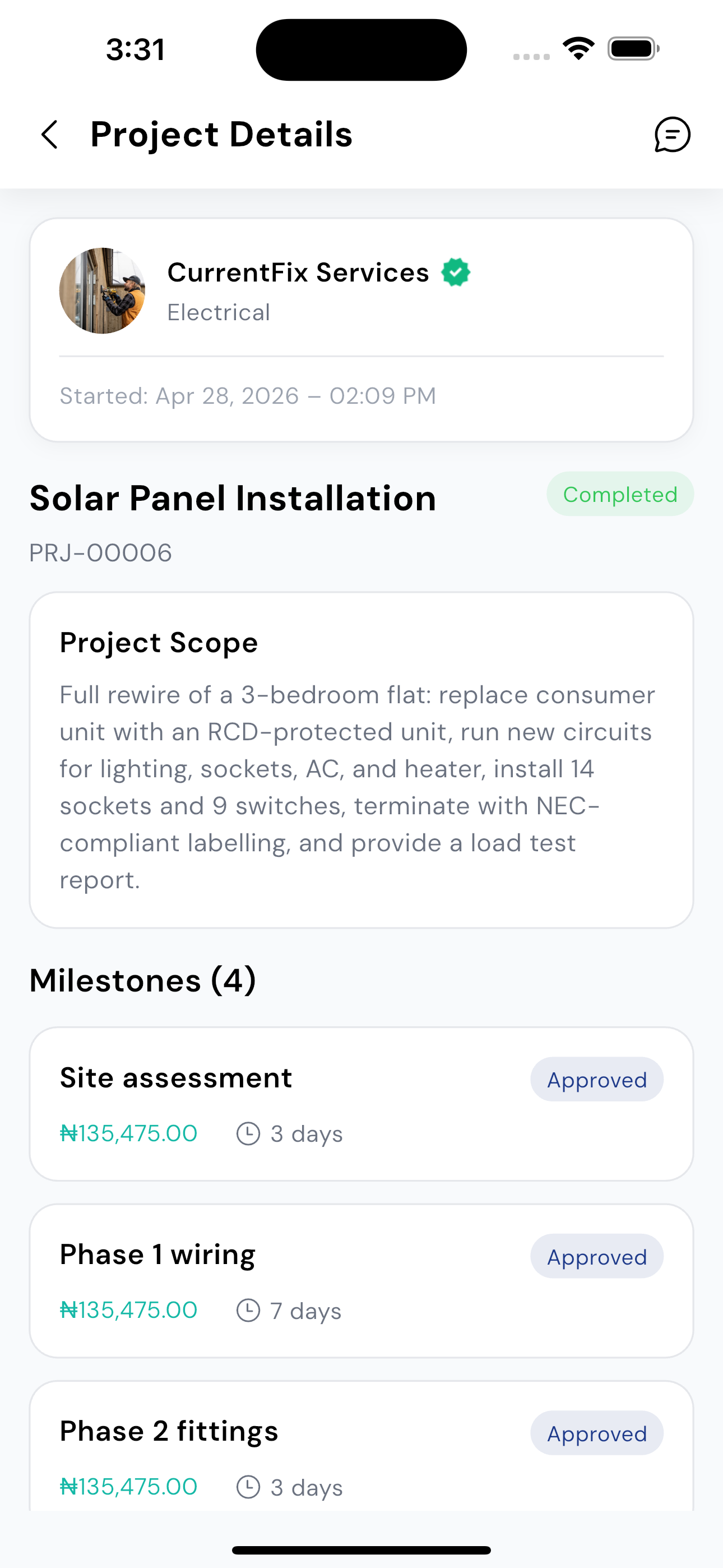 Project details screen showing milestones held in escrow