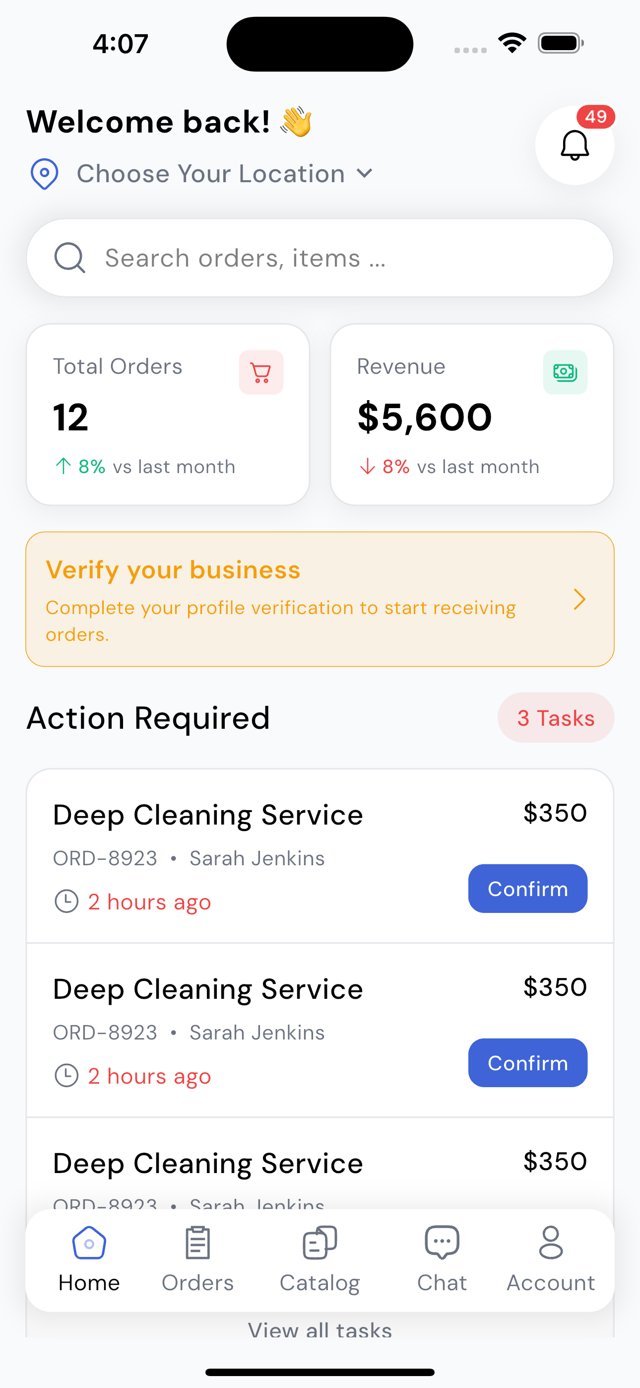 Supplier dashboard showing orders and revenue