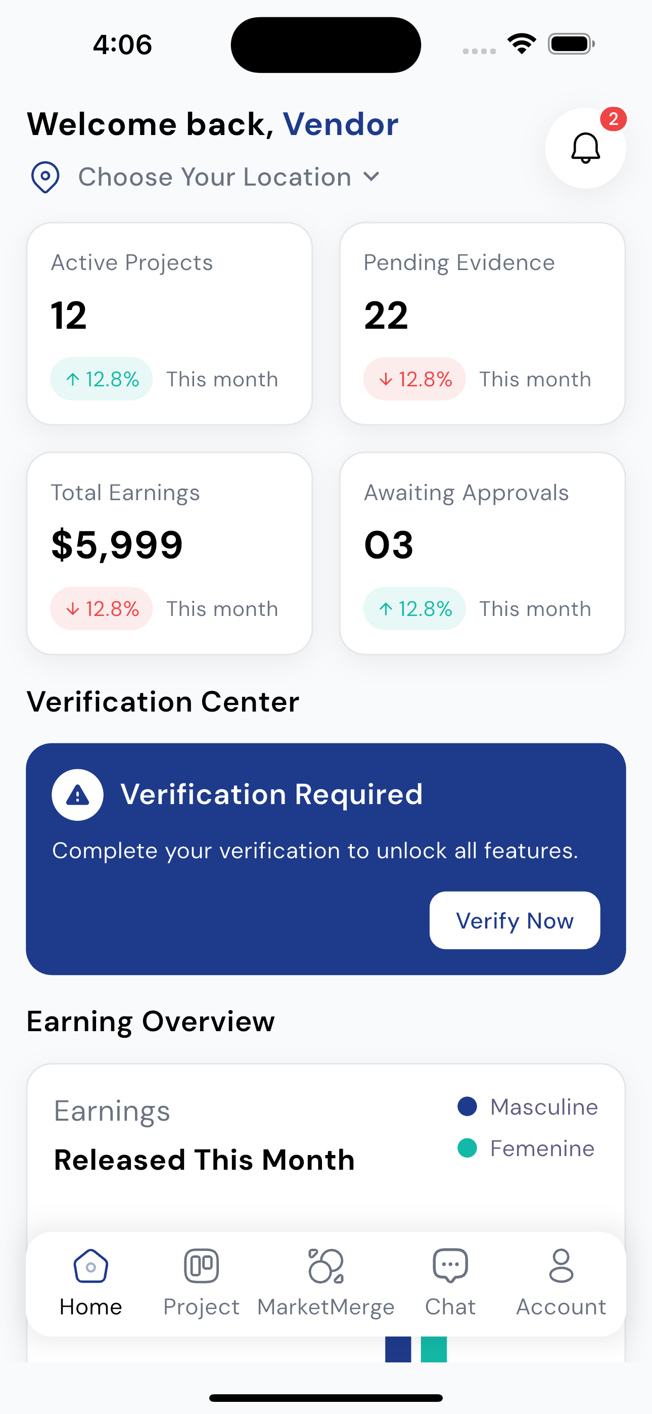 Professional dashboard showing active projects and earnings